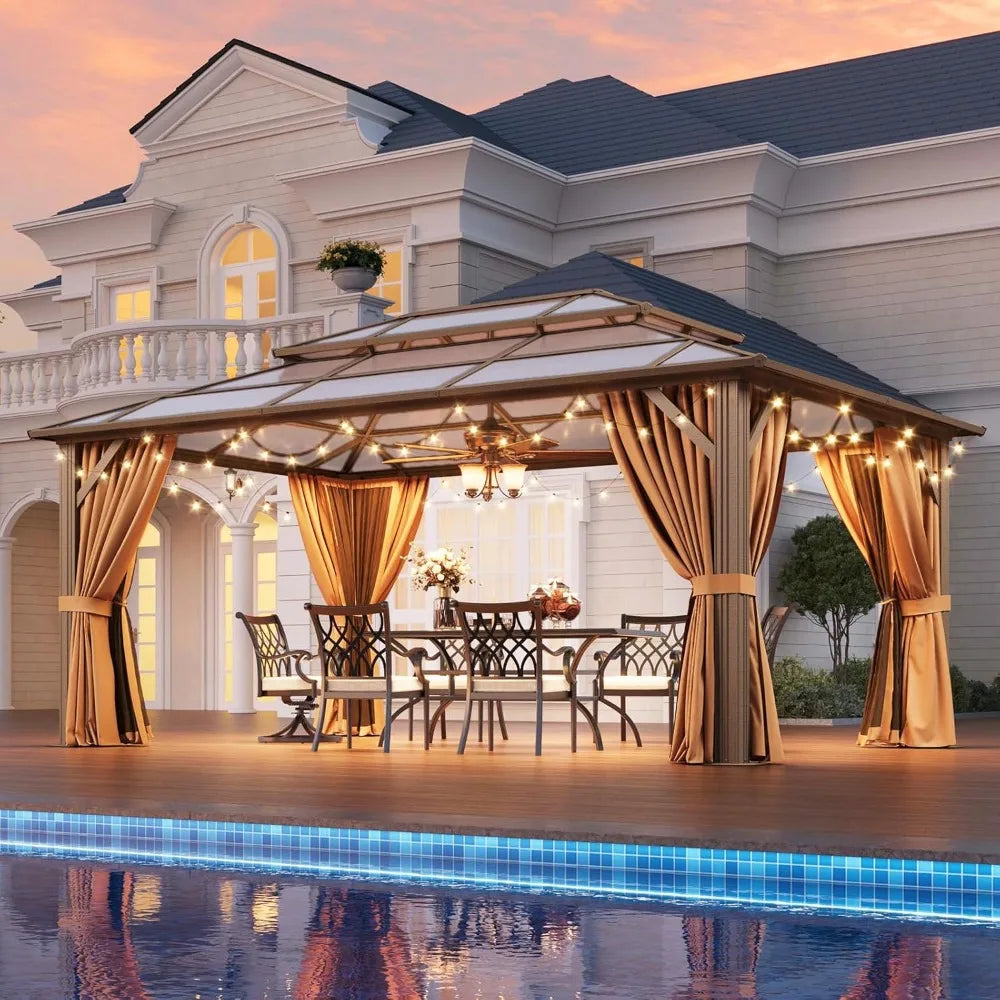 12'x16' Hardtop Gazebo, Outdoor Metal Gazebo with Double Polycarbonate Roof Canopy, Permanent Pavilion with Netting, Customized