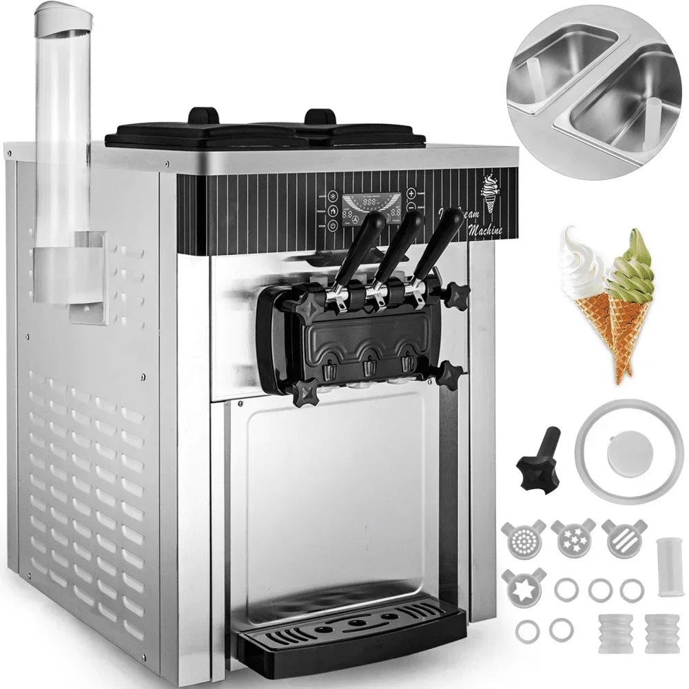 VEVOR Commercial Ice Cream Machine 5.3 to 7.4Gal per Hour Soft Serve with LED Display Auto Clean 3 Flavors for Restaurant