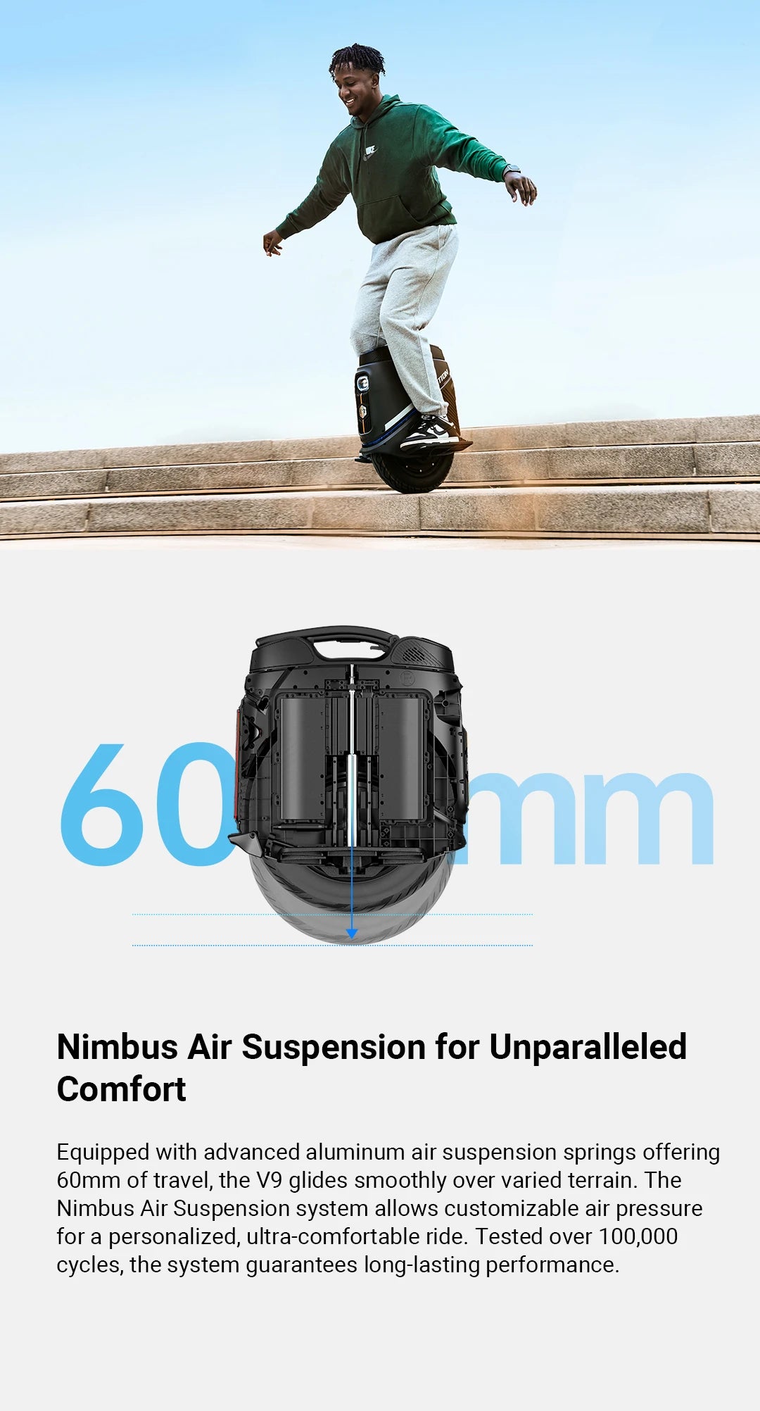 Newest INMOTION V9 Electric Unicycle 1000W Motor 84V 750Wh Battery 60mm Suspension With GPS Remote Locking LED Light EUC-Wheel
