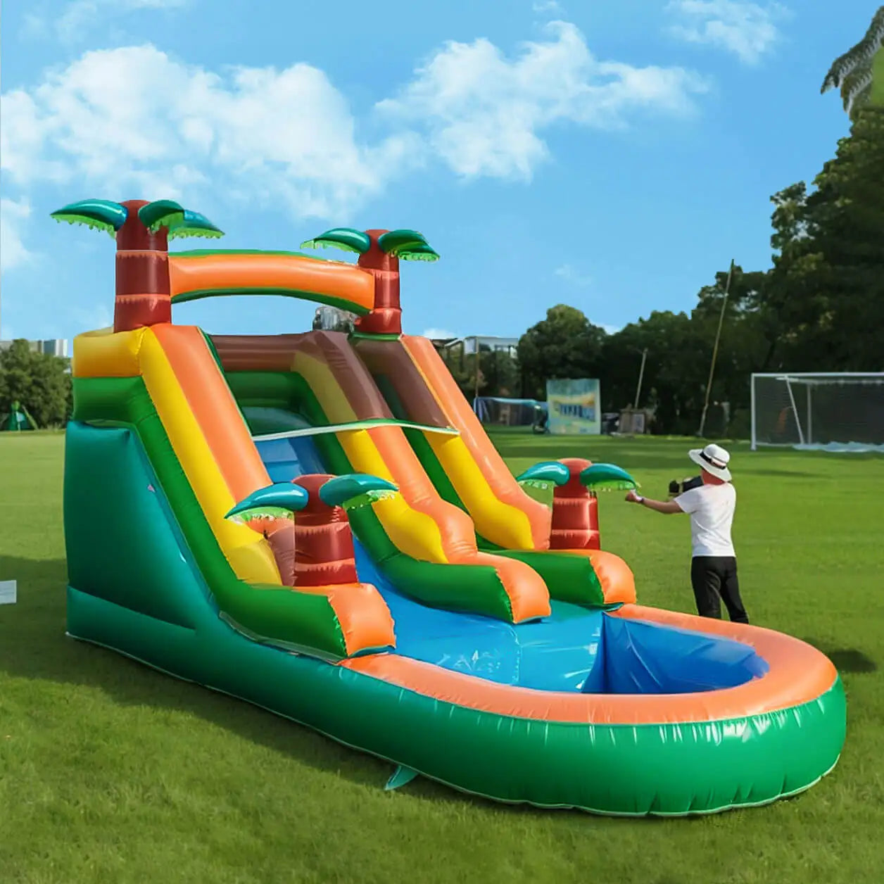 King Inflatable Summer Outdoor Sildes Air Bounce Water amusement Play Equipment Inflatble Water Double Slide Bubble Ball Pit
