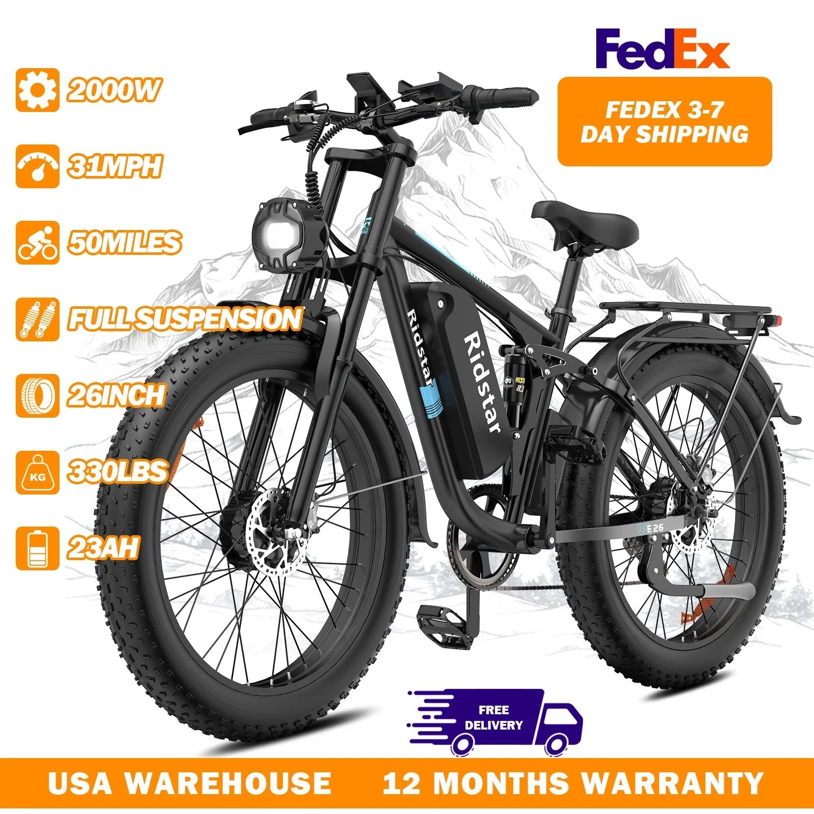 Ridstar Electric Bike 2000W 48V 23AH 26 Inch Fat Tire Adult Ebike Dual Motor Hydraulic Brakes Full Suspension MTB Electric Bike