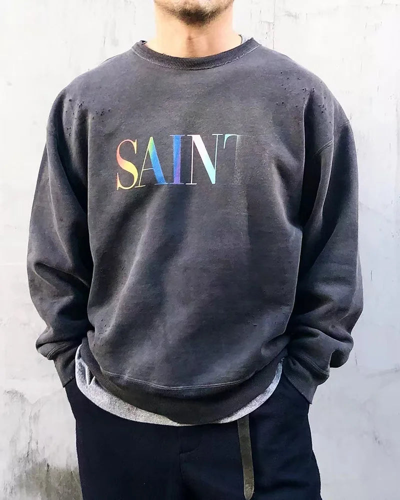 New Letter Print SAINT Hoodies Men Woman Retro Washed Damaged High Street Pullover Sweatshirts Loose Casual Good Quality