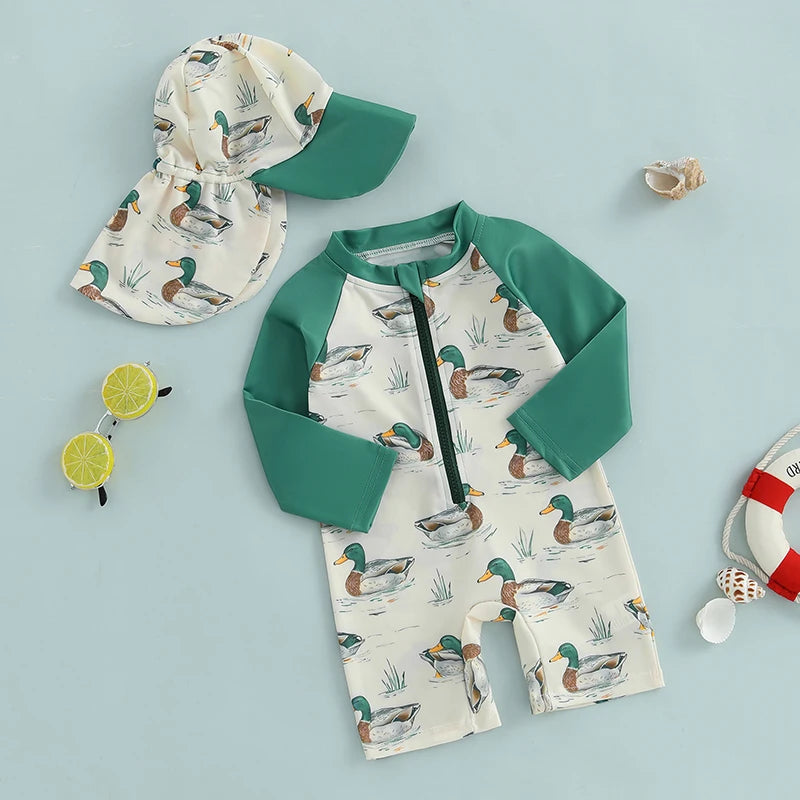 Toddler Kids Boy Rash Guard Swimsuit with Hat 2 Pcs Set Duck Printed Zip Up Long Sleeve Crew Neck Baby Boy Swimwears