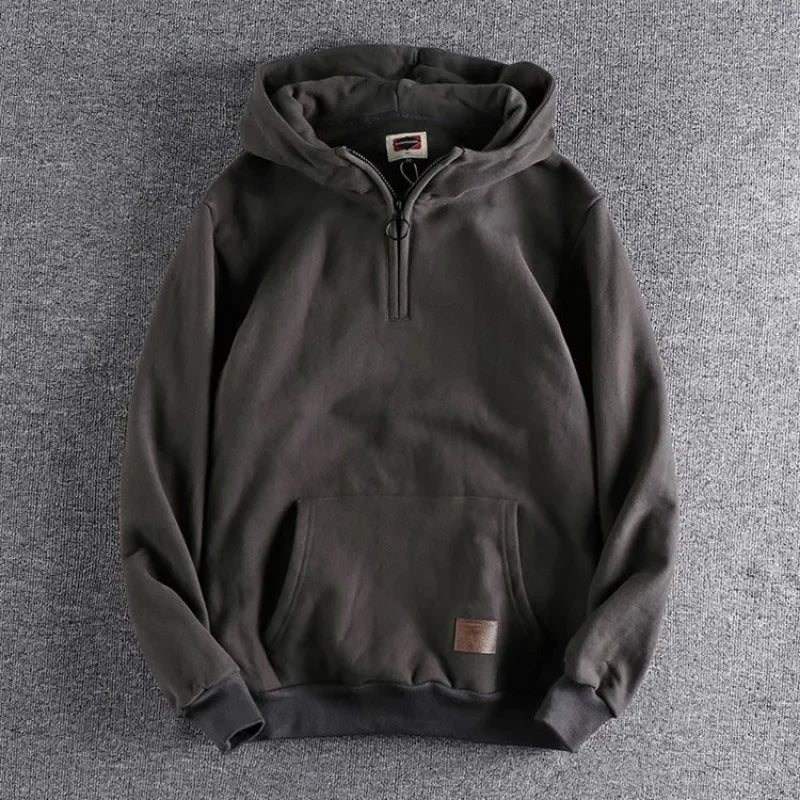 Men's Clothing Black Half Zip Sweatshirts for Man Warm Hoodies Solid Hooded Fleeced Y2k Vintage High Quality Korean Style Loose