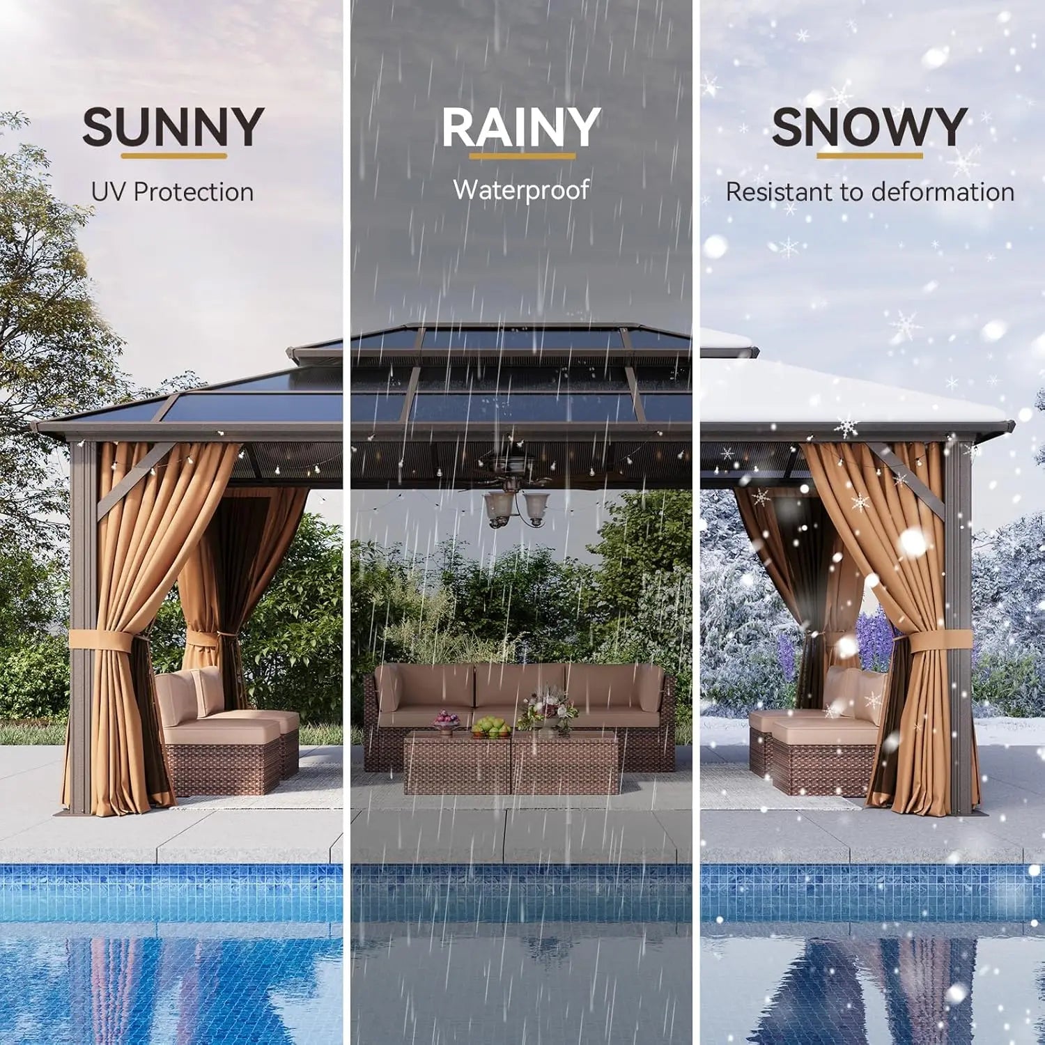 12'x16' Hardtop Gazebo, Outdoor Metal Gazebo with Double Polycarbonate Roof Canopy, Permanent Pavilion with Netting, Customized