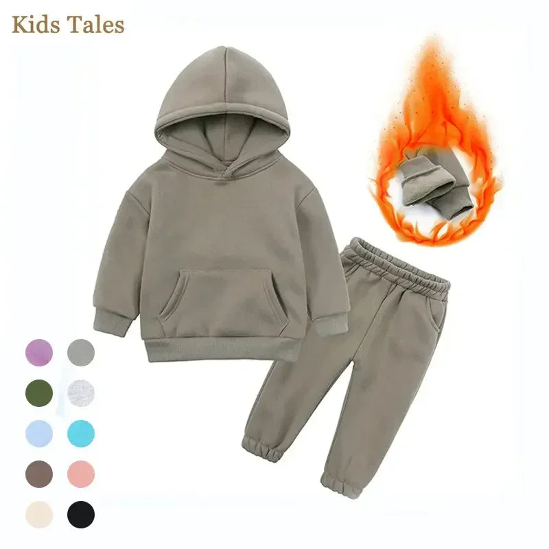 Children Fleece Winter Outfit Toddler Cotton Solid Hoodies Pullover Sweatshirt Pants Tracksuit Set Kids Boy Girl Warm Sweatsuits