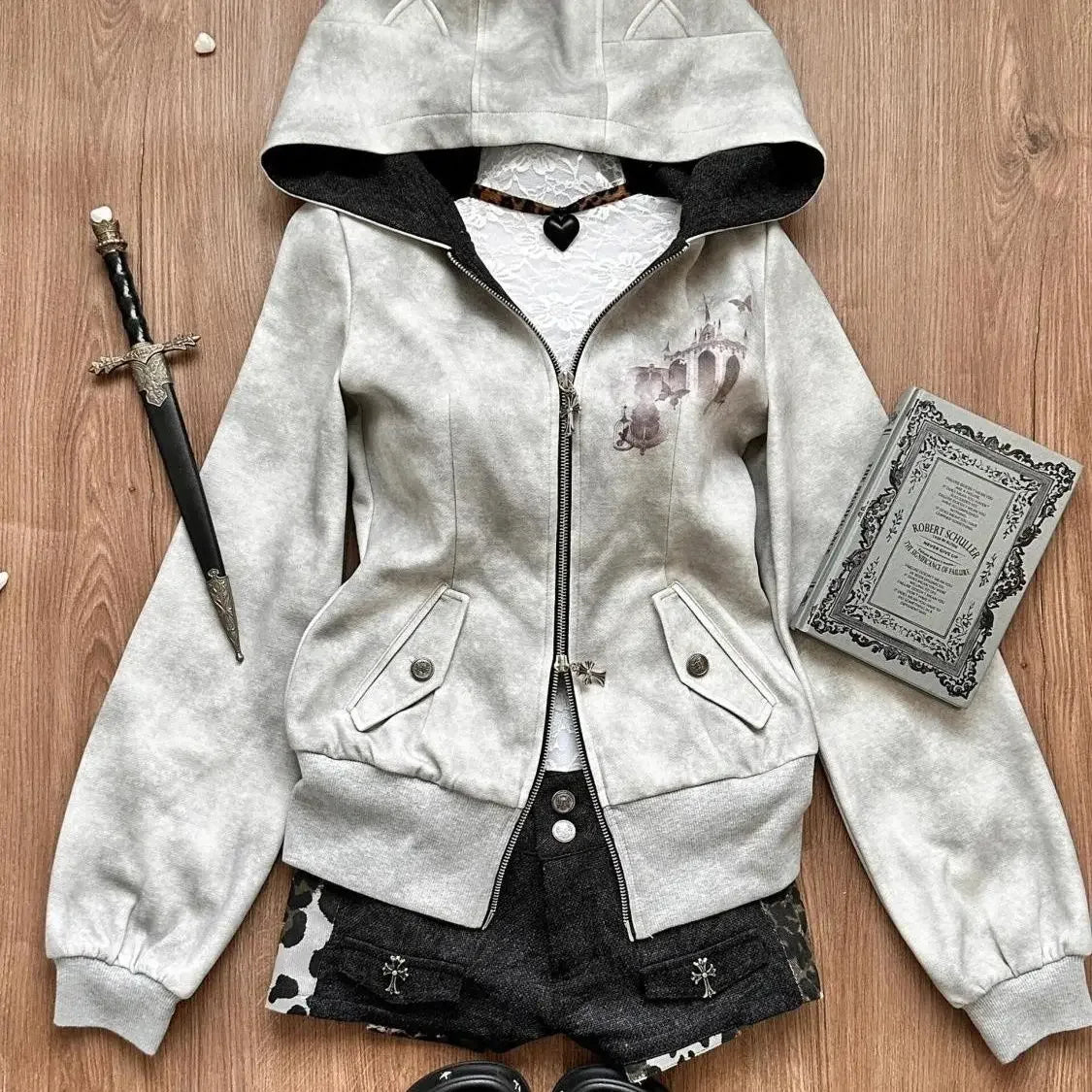 Y2k Aesthetic Vintage Printing Pocket Hoodies Gothic Fairy Grunge Hooded Jackets Autumn Women Double Zippers Punk Sweatshirt