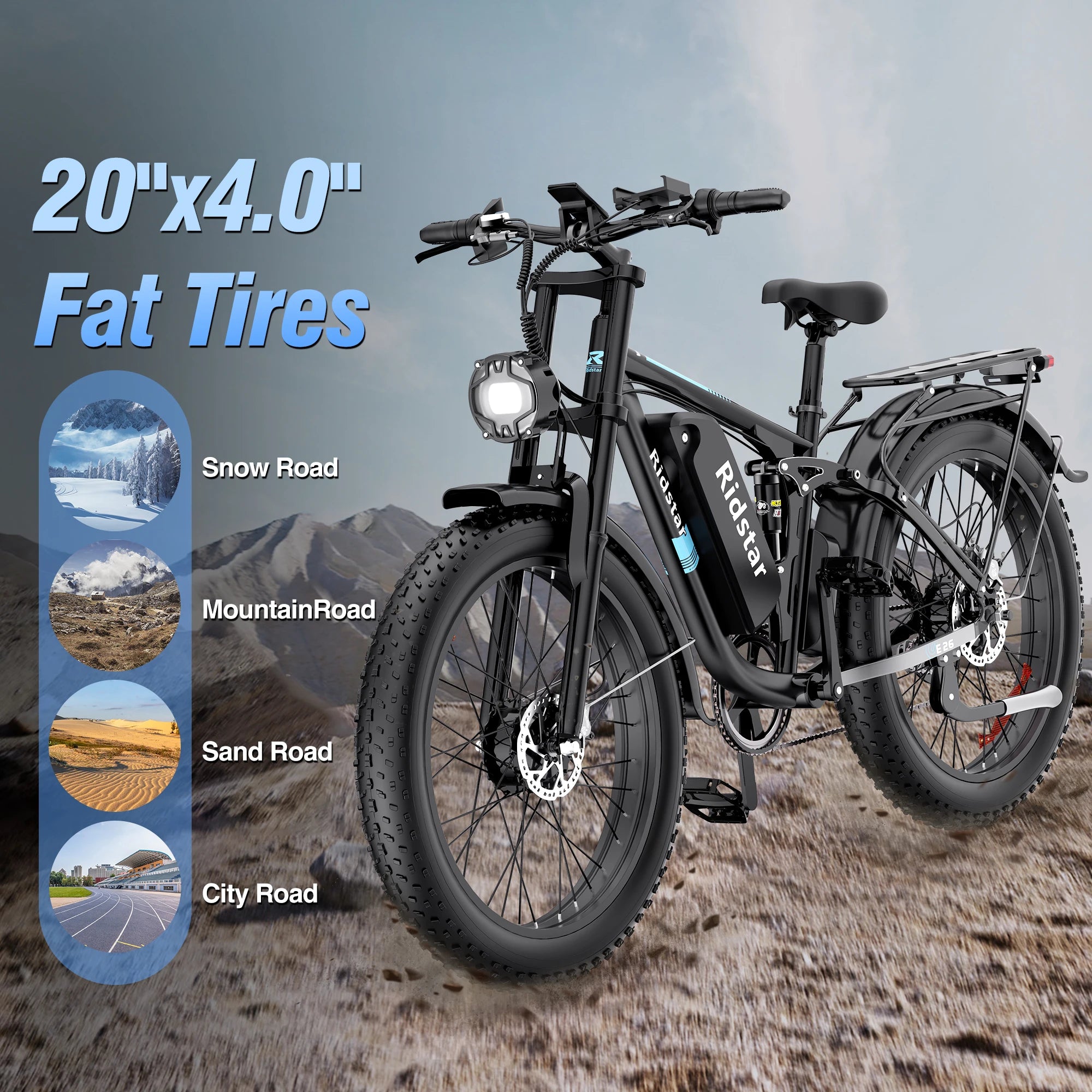 Ridstar Electric Bike 2000W 48V 23AH 26 Inch Fat Tire Adult Ebike Dual Motor Hydraulic Brakes Full Suspension MTB Electric Bike
