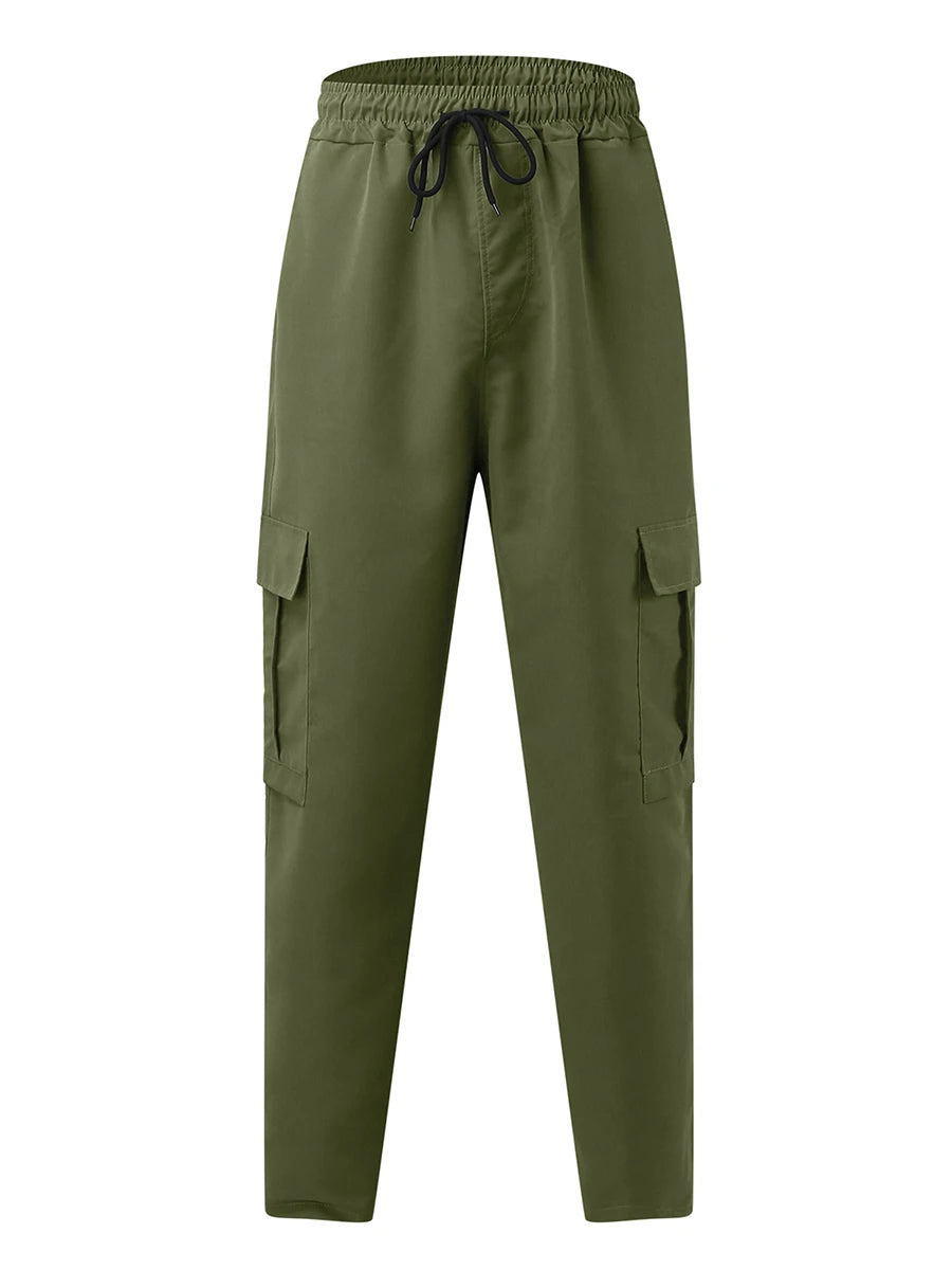 Men s Loose Cargo Long Pants Solid Color Drawstring Waist Straight Leg Trousers Casual Work Pants with Pockets