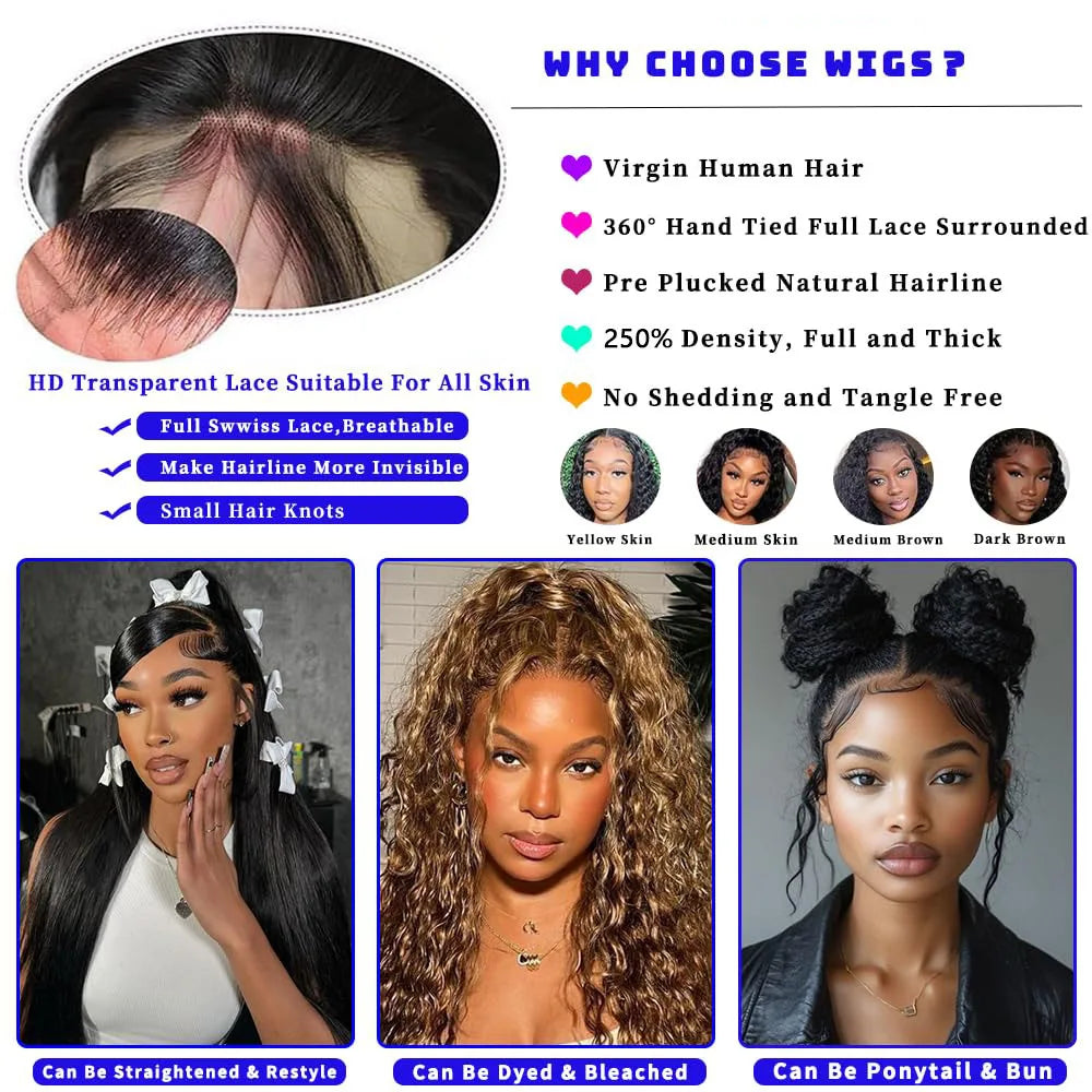 Deep Wave 360 Lace Front Wigs Human Hair Curly HD Full Lace Front Wigs Human Hair Pre Plucked With Drawstring 180 Density 30Inch