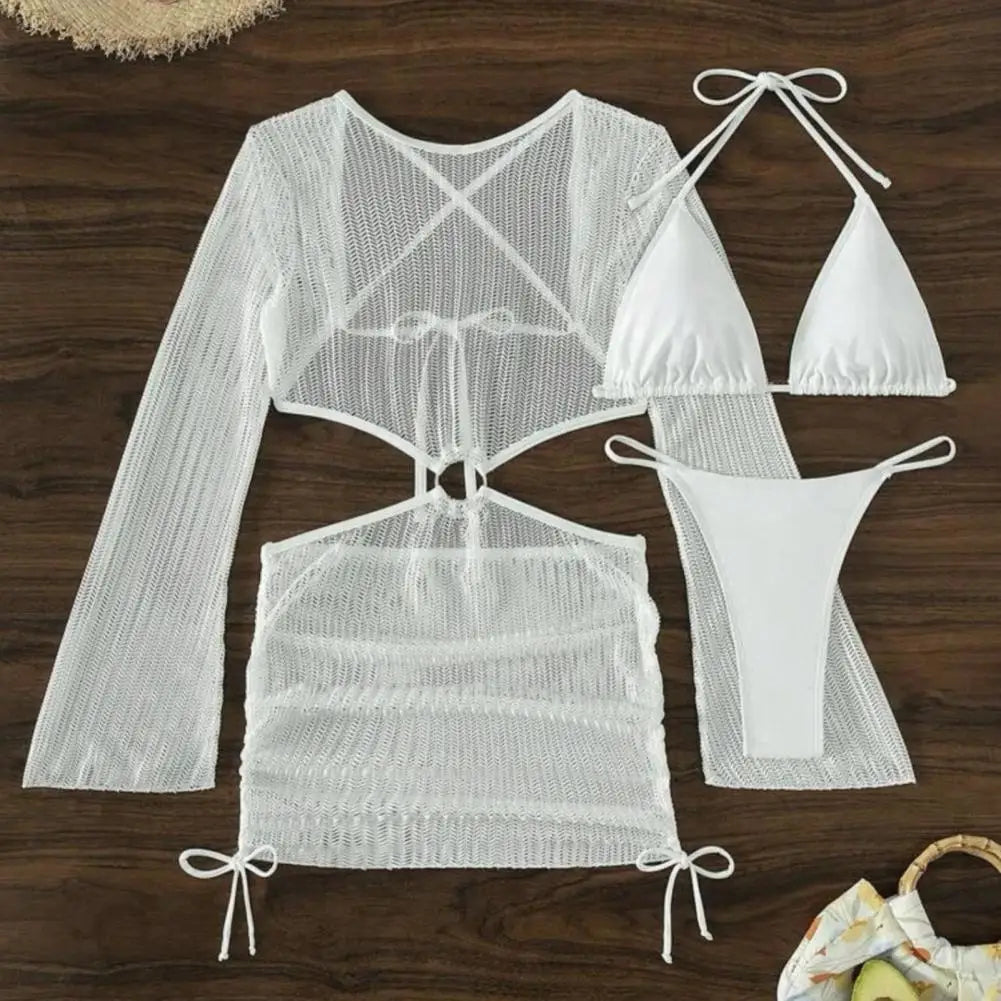 3Pcs/Set Women Bikini Set Halter Bra Lace-up Swimsuit Set With Mesh Yarn Cover Up Dress Solid Color Knitted Swimwear For Women