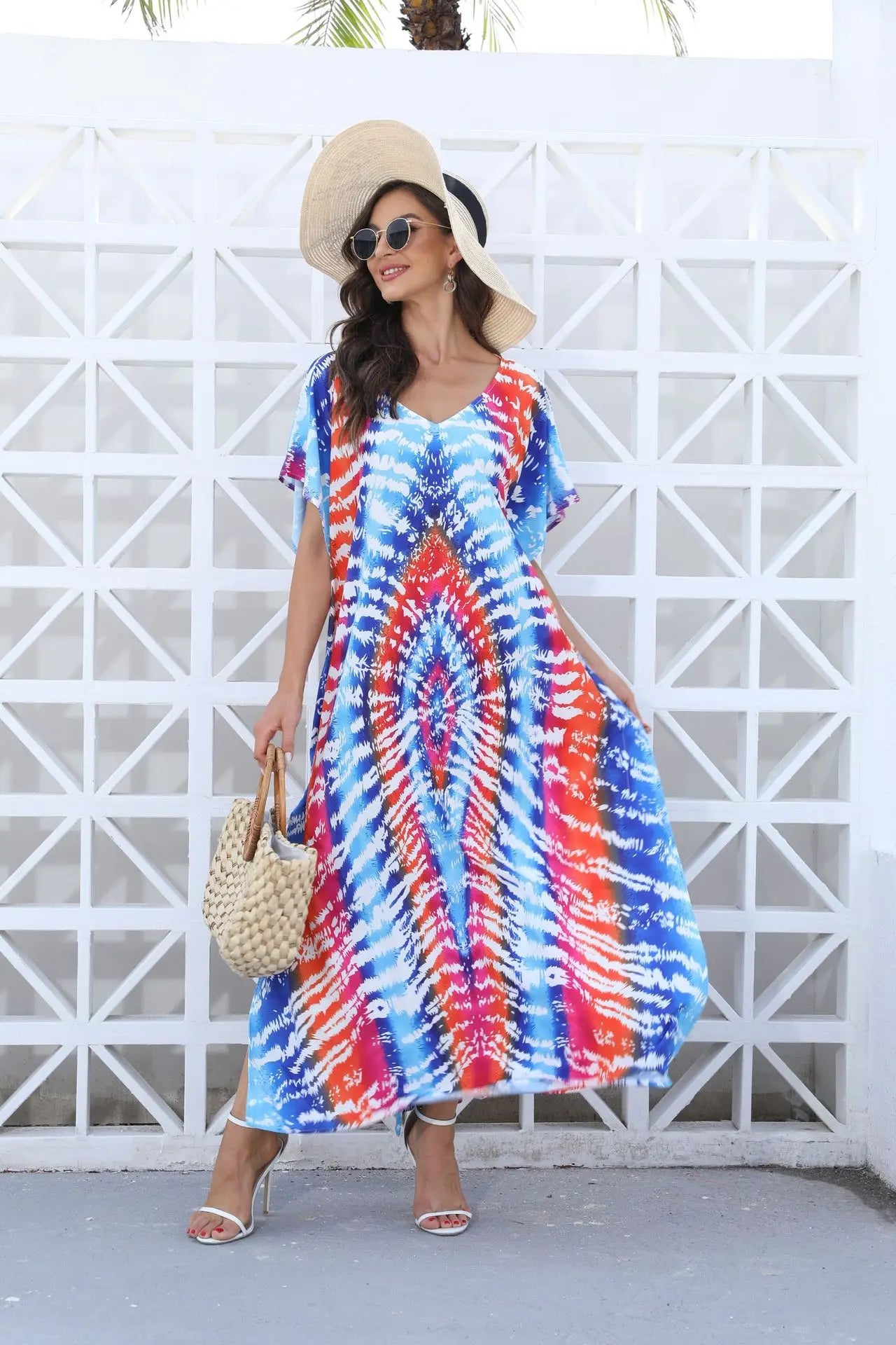 Kaftan Dresses for Women Plus Size Tie Dye Batwing Sleeve Caftans Swimsuit Coverup Maxi Dress Loungewear