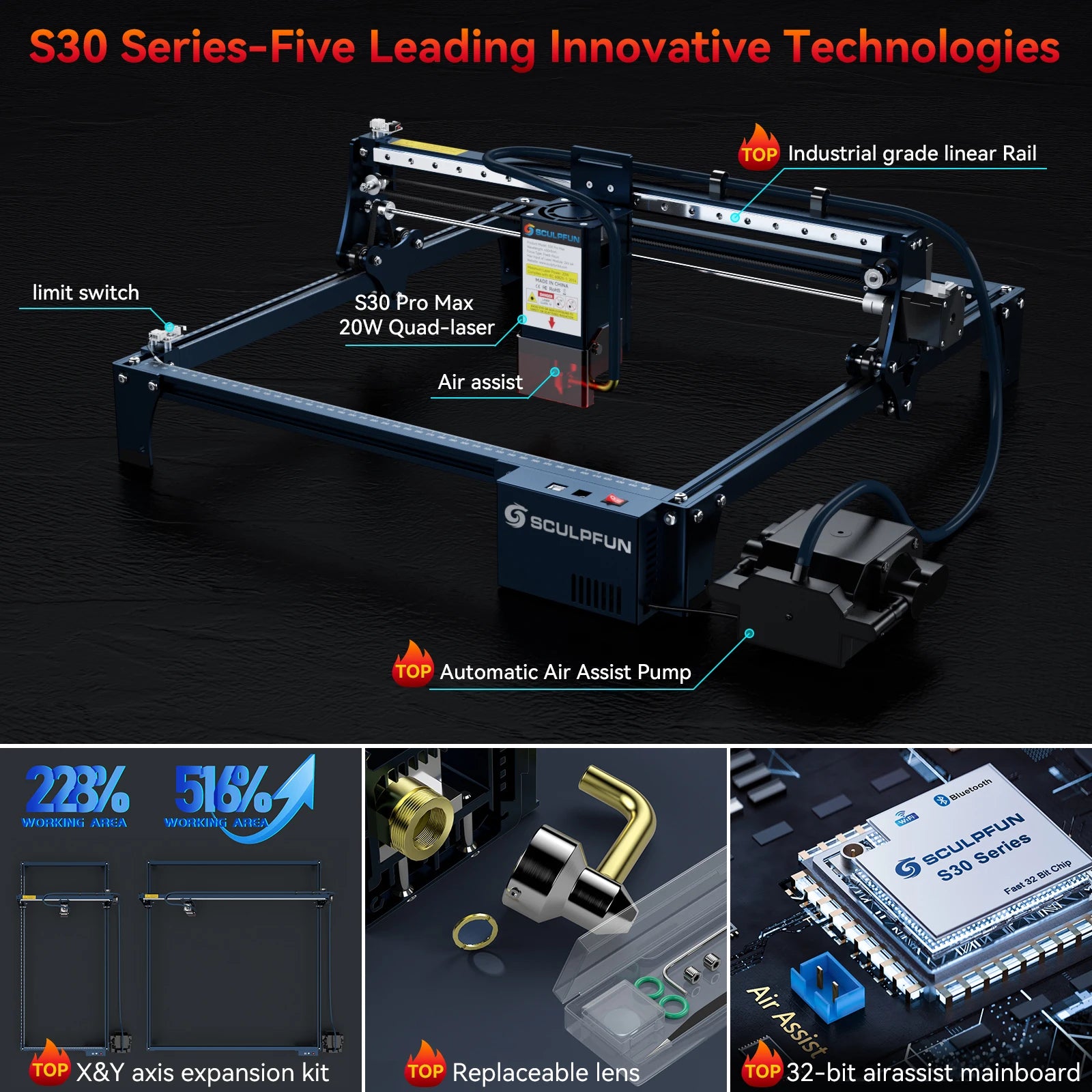 SCULPFUN S30 PRO MAX Laser Engraving Machine Automatic Air-assist System 20W Laser Cutter and Engraver Machine 410x400mm Area