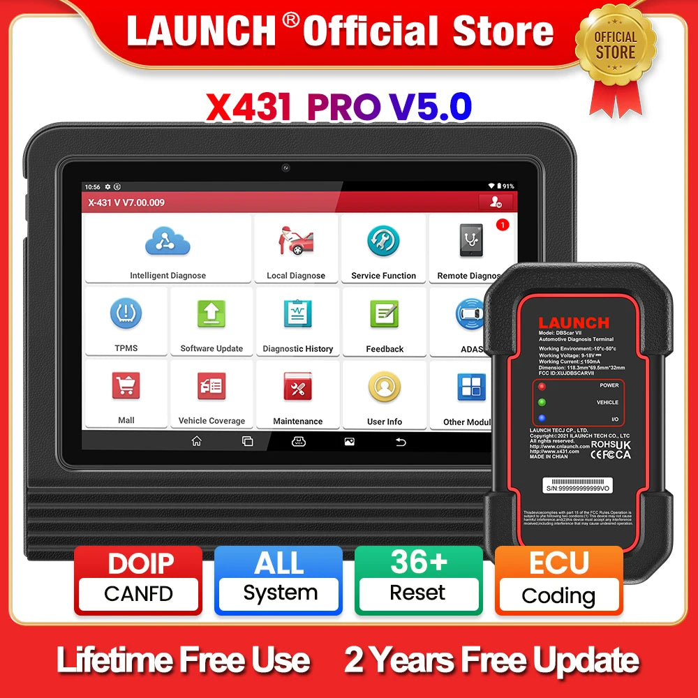 LAUNCH X431 PRO V5.0 Car Diagnostic Tools DBScar VII VCI CAN FD DOIP Auto OBD OBD2 Scanner 38+ Reset ECU Coding Bidirectional