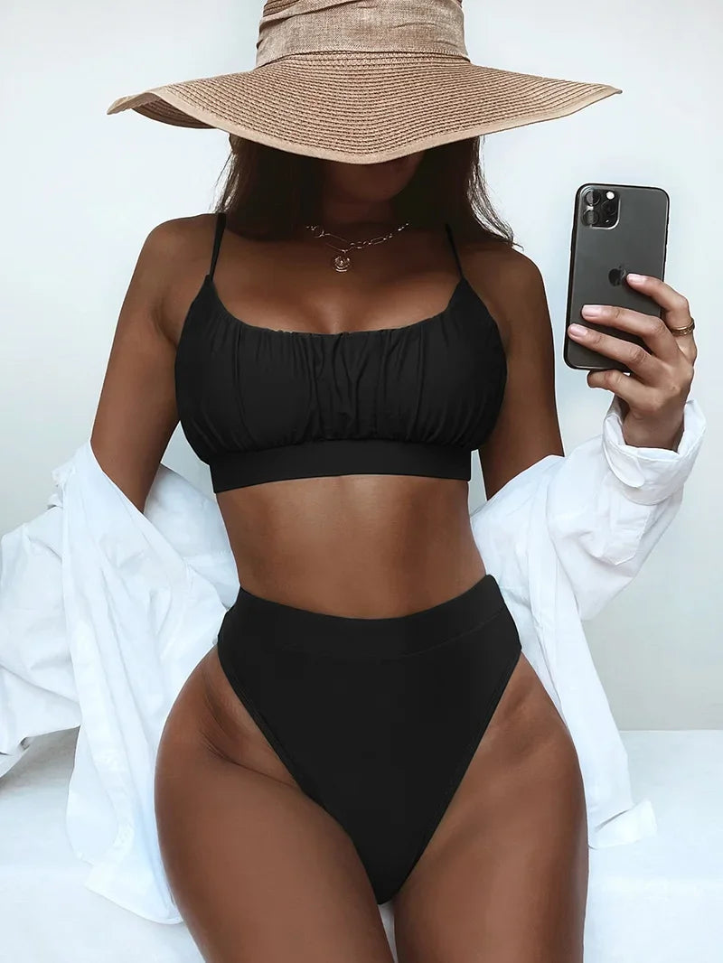 2025 Wrinkled Ruched High Waist Bikini Women Swimsuit Female Swimwear Two Pieces Bikini Set High Cut Bathing Suit Swim Beachwear