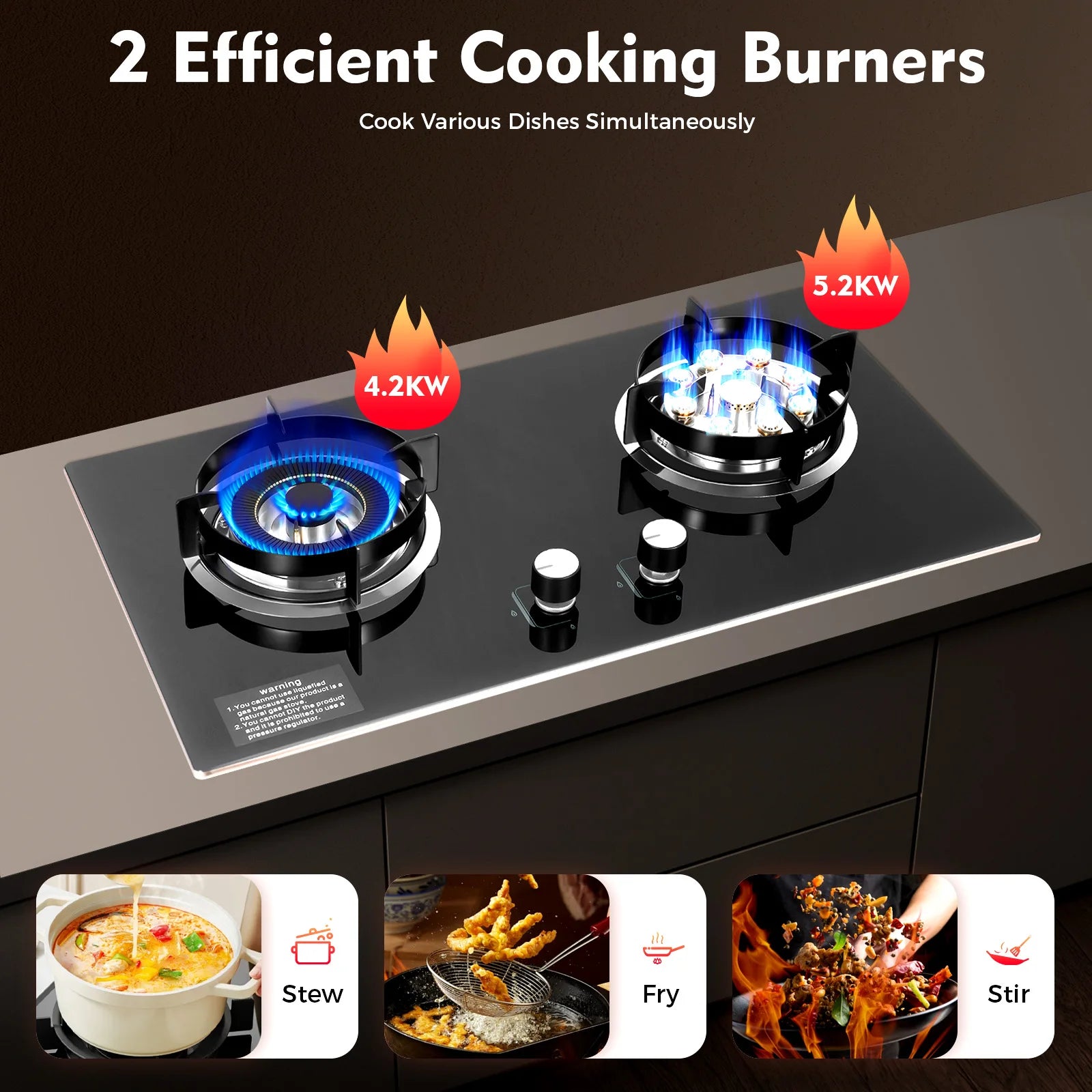 4.2KW+5.2KW Household Double Stove Hob Built in Gas Stove 2 Grade Dual-purpose Burner Natural Gas Tempered Glass Gasfornuis