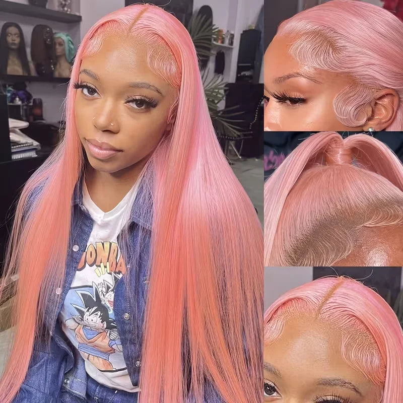 Pink Straight Human Hair Wigs 13X4 13X6 Hd Lace Frontal Wigs 32 36 Inch 220% Density Brazilian Human Hair Preplucked For Women