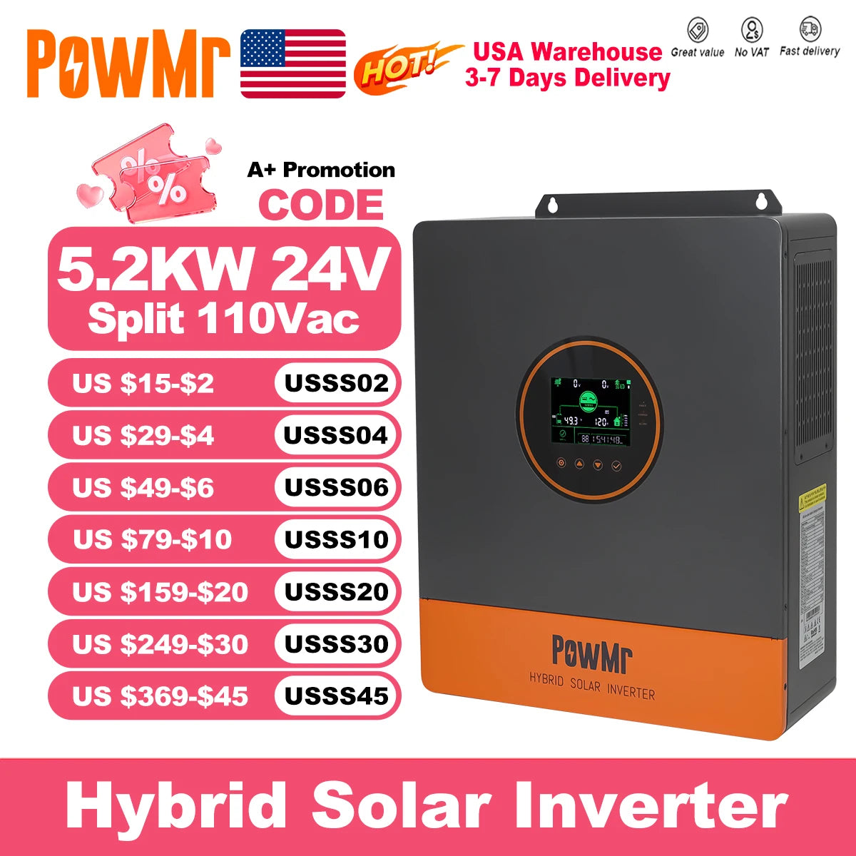 PowMr USA 5.2KW 48V 110Vac Hybrid Solar Inverter Can Split Phase 220Vac Output When Parallel Pure Sine Wave MPPT 100A PV 500Vdc