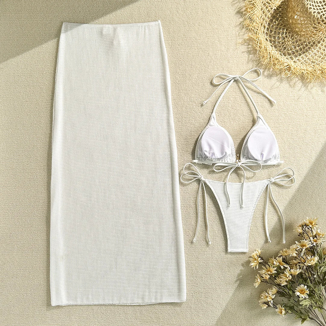 Metal Star Halter With Skirt Bikini Female Swimsuit Women Swimwear Three-pieces Bikini set Padded Bather Bathing Suit Swim V6740