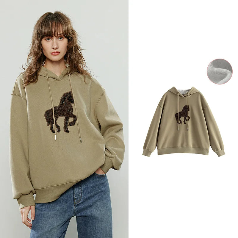TOYOUTH Women Hoodies 2025 Winter New Loose Crew-neck Warm Applique Embroidery Tops