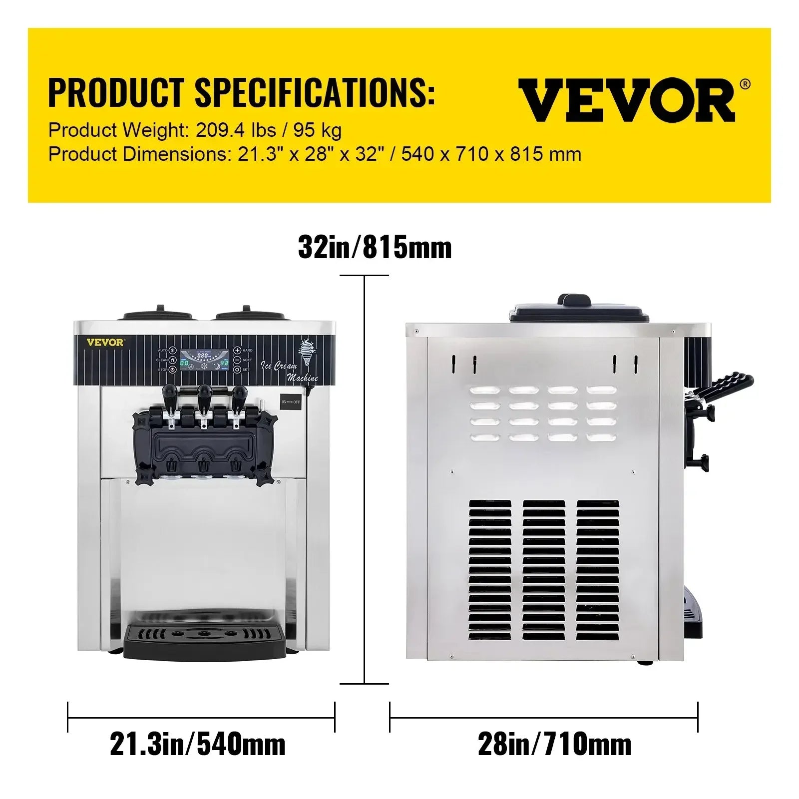 VEVOR Commercial Ice Cream Machine 5.3 to 7.4Gal per Hour Soft Serve with LED Display Auto Clean 3 Flavors for Restaurant