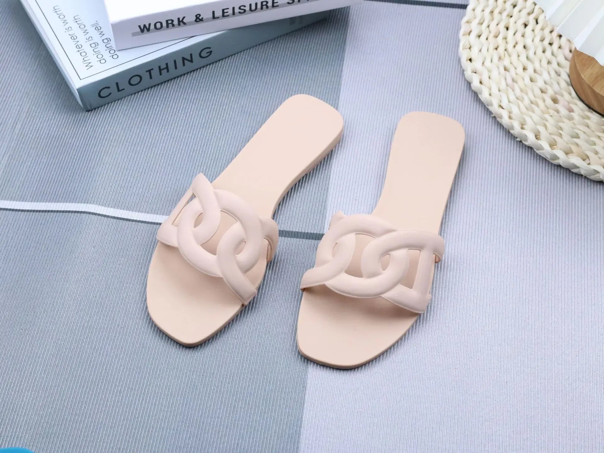 Summer women's one-word sandals daily leisure shopping beach wear flat shoes versatile solid color hollow