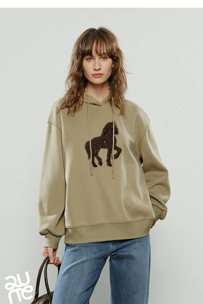 TOYOUTH Women Hoodies 2025 Winter New Loose Crew-neck Warm Applique Embroidery Tops
