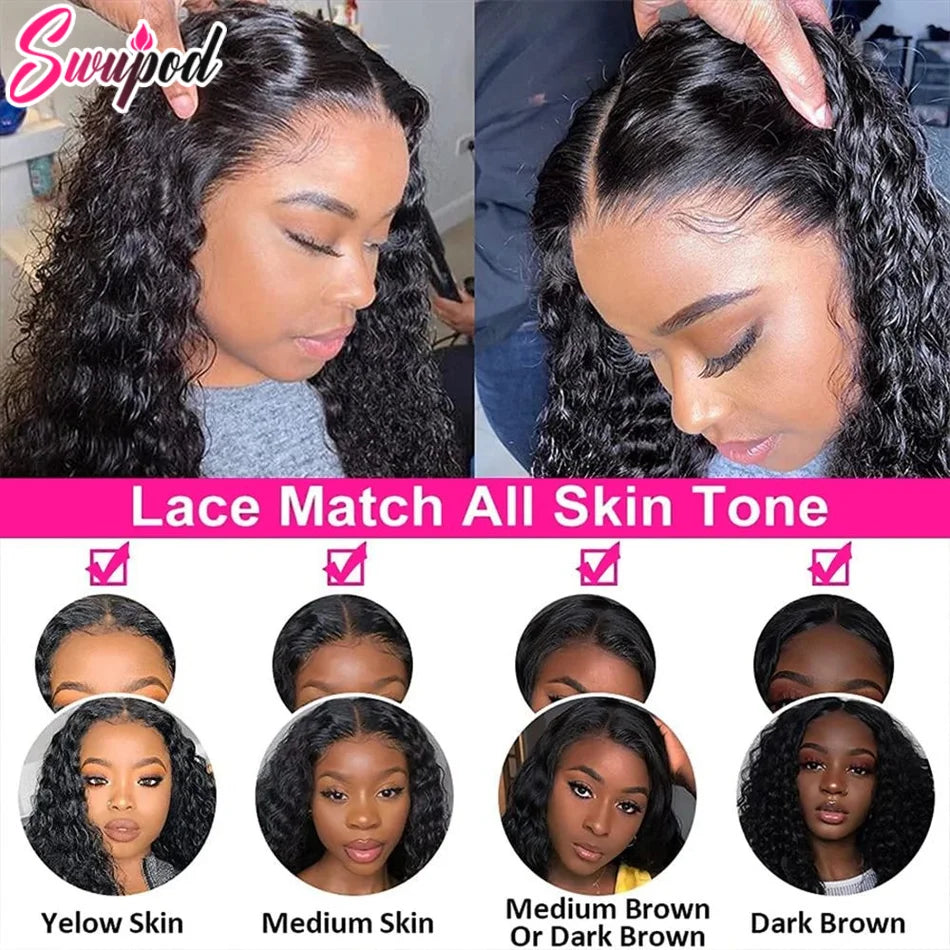 Swupod 200 Density 13x4 13x6 HD Transparent Swiss Deep Wave Lace Frontal Front Wig for Women Remy Human Hair Natural Black