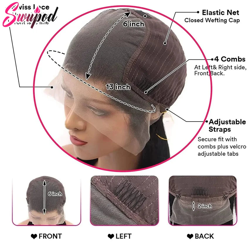 Swupod 200 Density 13x4 13x6 HD Transparent Swiss Deep Wave Lace Frontal Front Wig for Women Remy Human Hair Natural Black