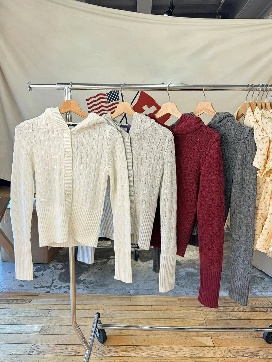 Navy Twist Flower Sweater Cardigan Women Single Breasted Long Sleeve Slim Short Sweaters Autumn Vintage Sweet Knitted Hoodies