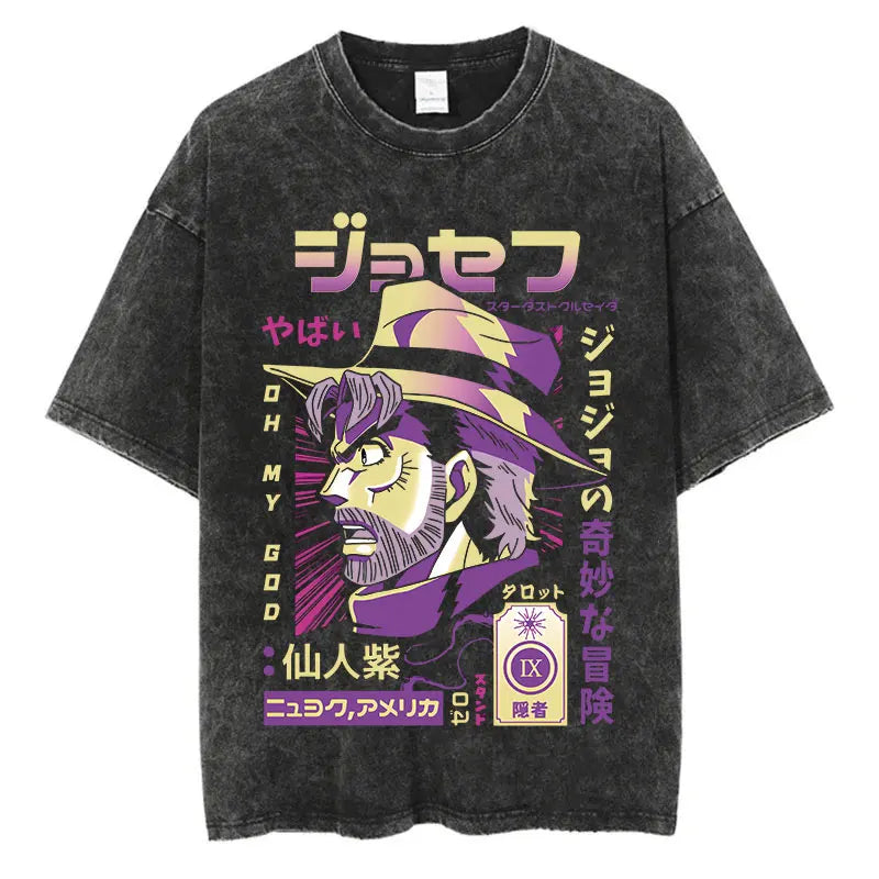 Vintage Washed TShirt Men Summer Hip Hop Streetwear T-shirt JoJo Bizarre Adventure Anime Print Cotton Casual Short Sleeve Tshirt