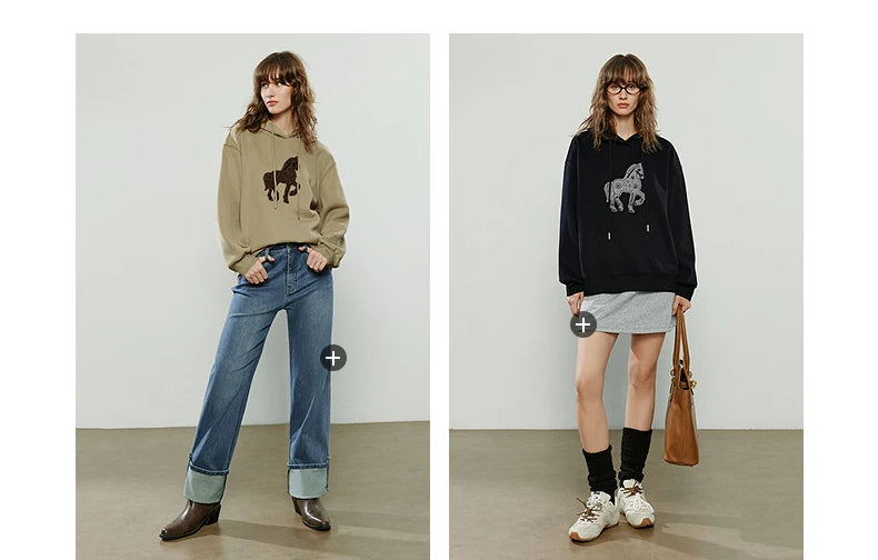 TOYOUTH Women Hoodies 2025 Winter New Loose Crew-neck Warm Applique Embroidery Tops