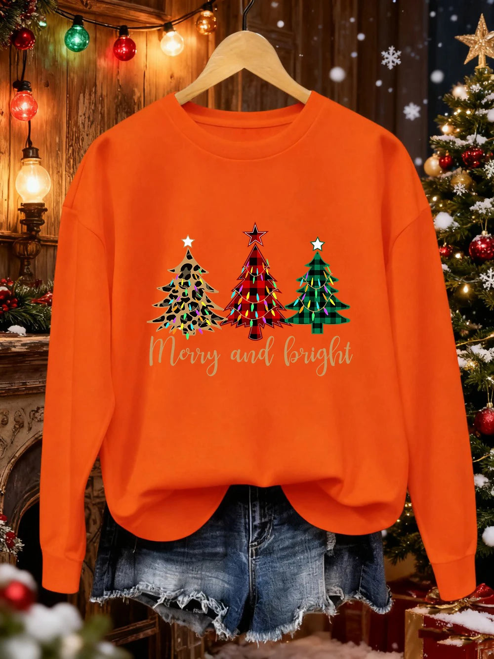 Merry Christma Funny Trees Printing Sweatshirt Women Loose Basics Hoodies Fleece Crewneck Clothes Winter Warm Woman Pullover
