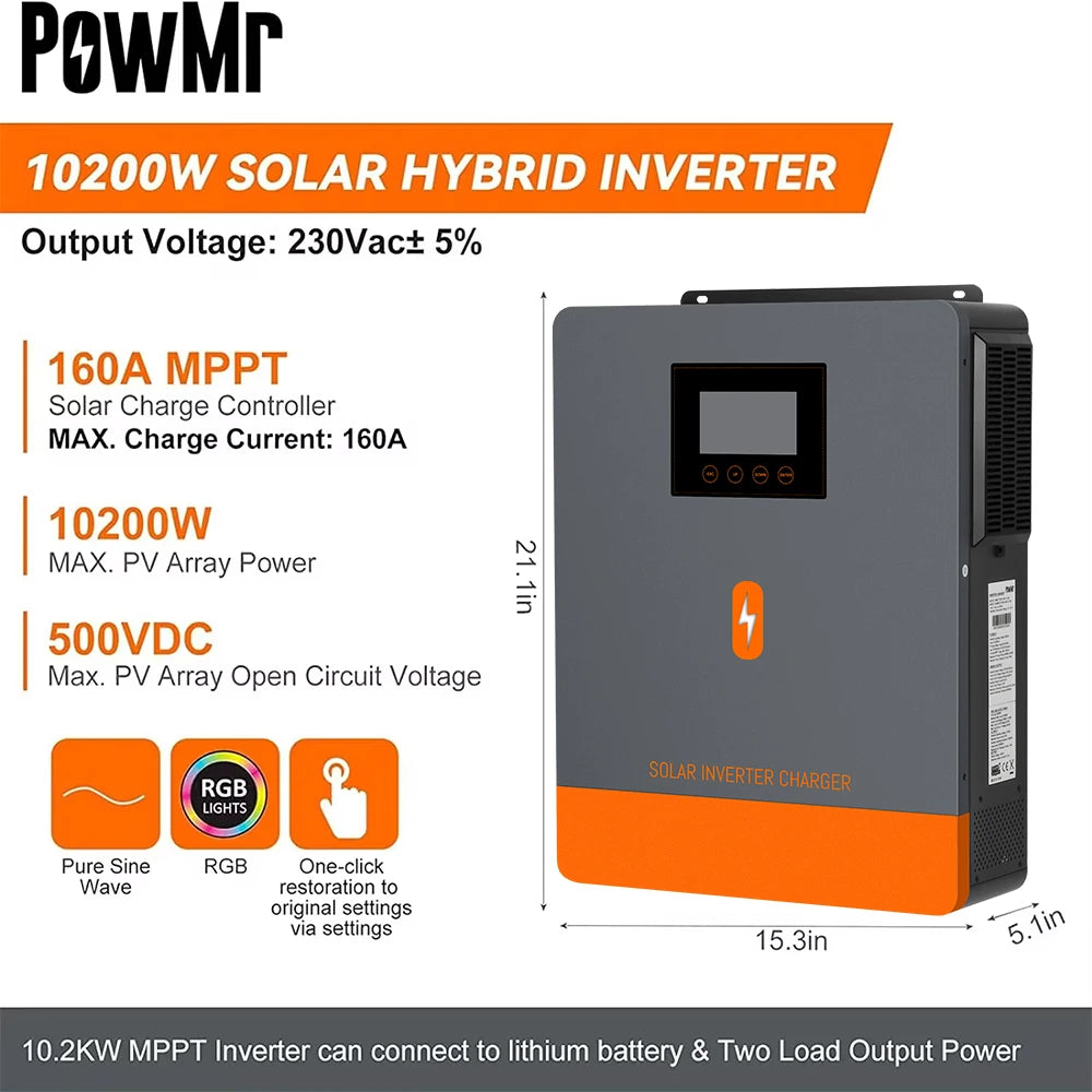 PowMr 10.2KW 48V MPPT Solar Inverter Pure Sine Wave Hybrid 160A 230VAC Output PV 90V~500V Input With Dual AC&Dual PV Interface