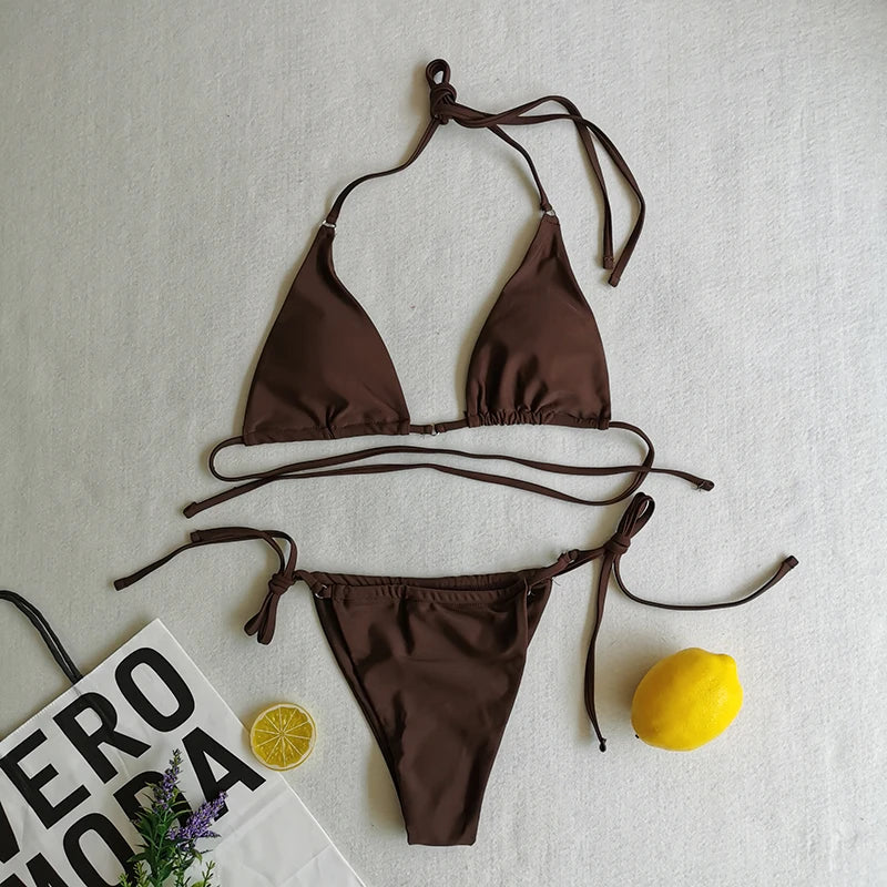 Brazilian Sexy Micro Mini Thong Bikini Set String Bandage Swimwear Women Beachwear Backless Swimsuit Triangle Push Up Biqiuni