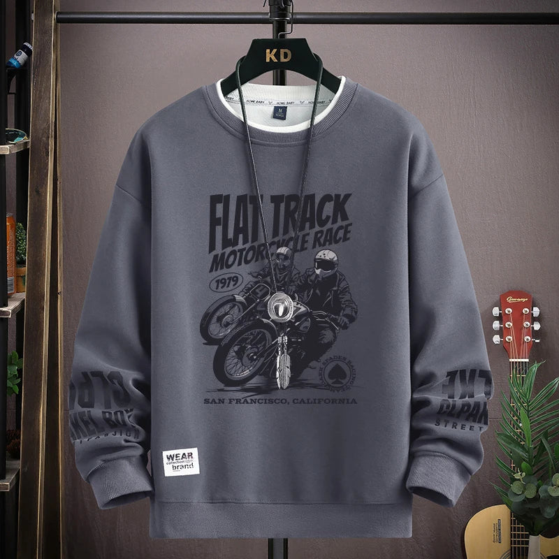 Autumn Men's Motorcycle Graphics Sweatshirt Hoodies Retro Printed Long Sleeve T-shirt Men's Clothing Black O Neck Harajuku Top