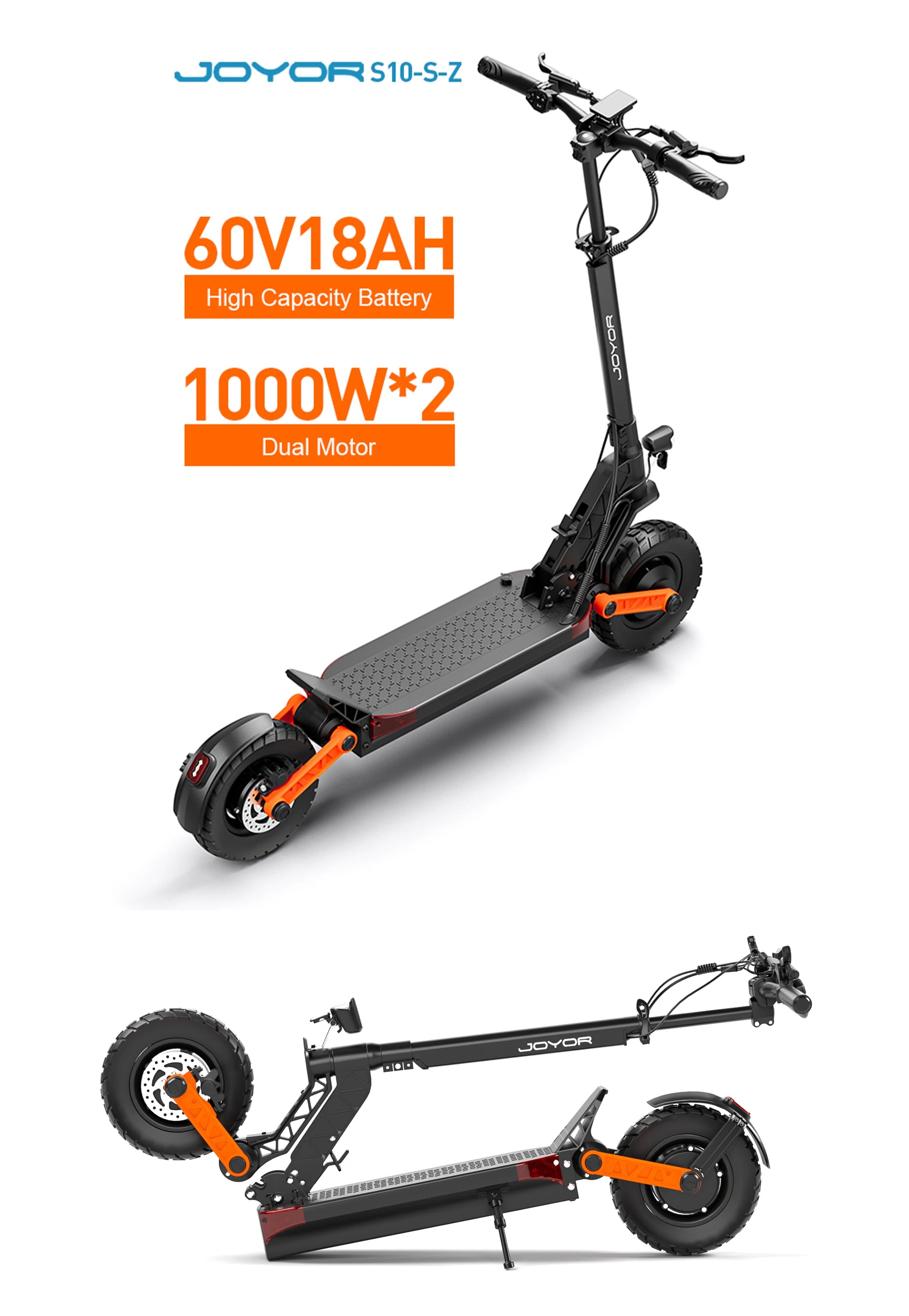 JOYOR S10-S-Z Adult E-scooter 10 Inch Off Road Tire Off Road Electric Scooter 60V18Ah Battery Escooter 1000W*2 Dual motors