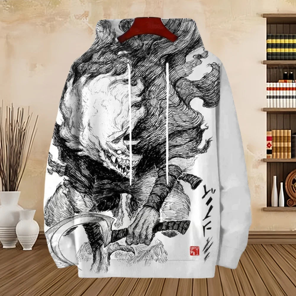 Japanese Harajuku 3D Printed Hoodies For Men Mountain Cat Tentacle Graphic Pullover Sweatshirts Casual Loose Hooded Long Sleeves