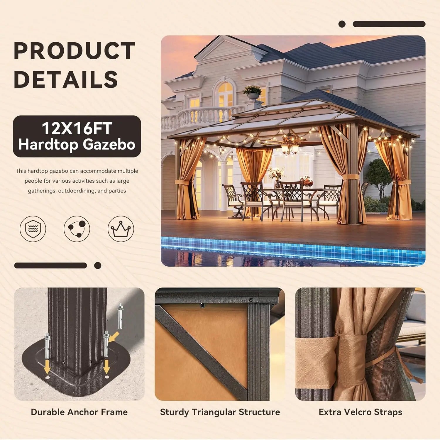 12'x16' Hardtop Gazebo, Outdoor Metal Gazebo with Double Polycarbonate Roof Canopy, Permanent Pavilion with Netting, Customized