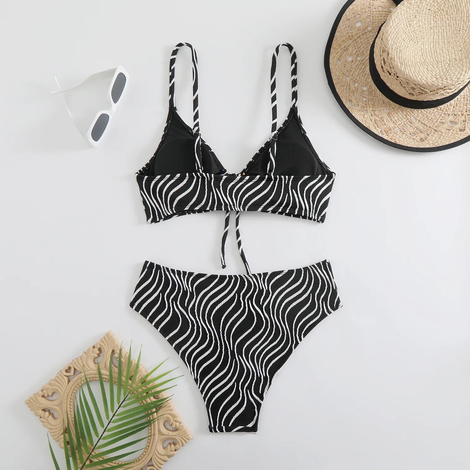 2026 New Women's Bikini Set Stripe Print 2 Pice Swimsuit Drawstring Lace-up V Neck Suspender Backless Beach Vacation Swimwear