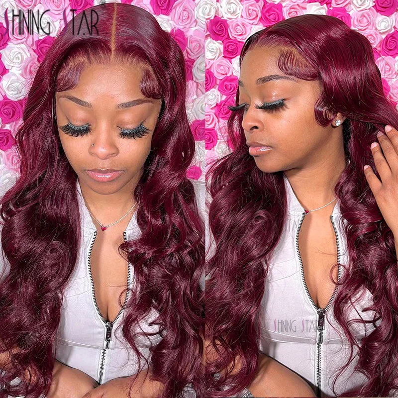 Burgundy Red Bone Straight Lace Front Human Hair Wigs Pre Plucked Colored 99J Red 13x6 Transparent Lace Frontal Wig Human Hair