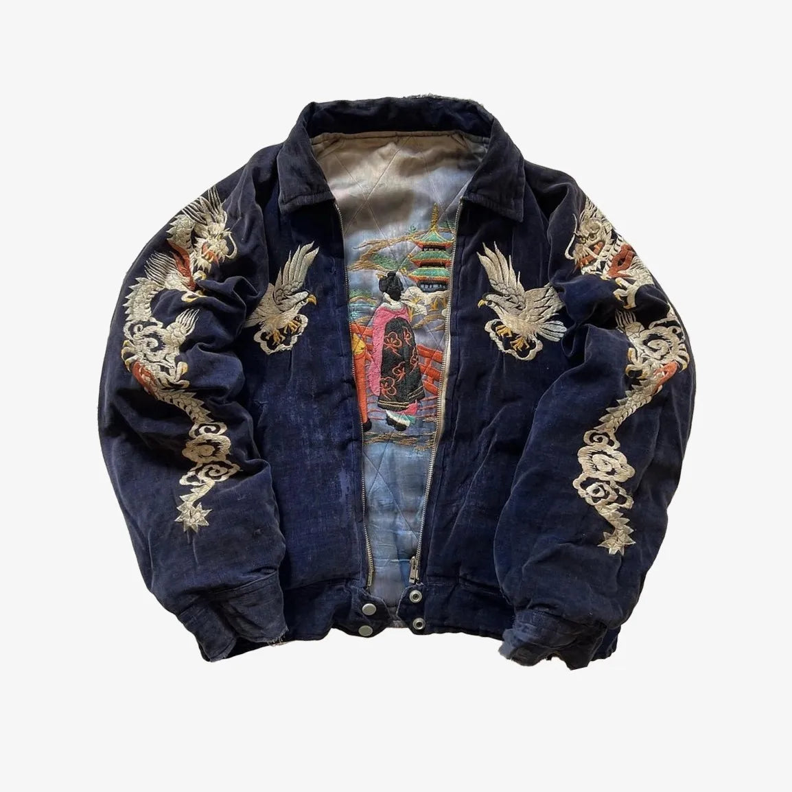 Hip Hop Japan Harajuku Style Jacket Gothic Dragon Pattern Bomber Jackets High Quality Embroidered Y2k Zipper Fleece Lined Coat