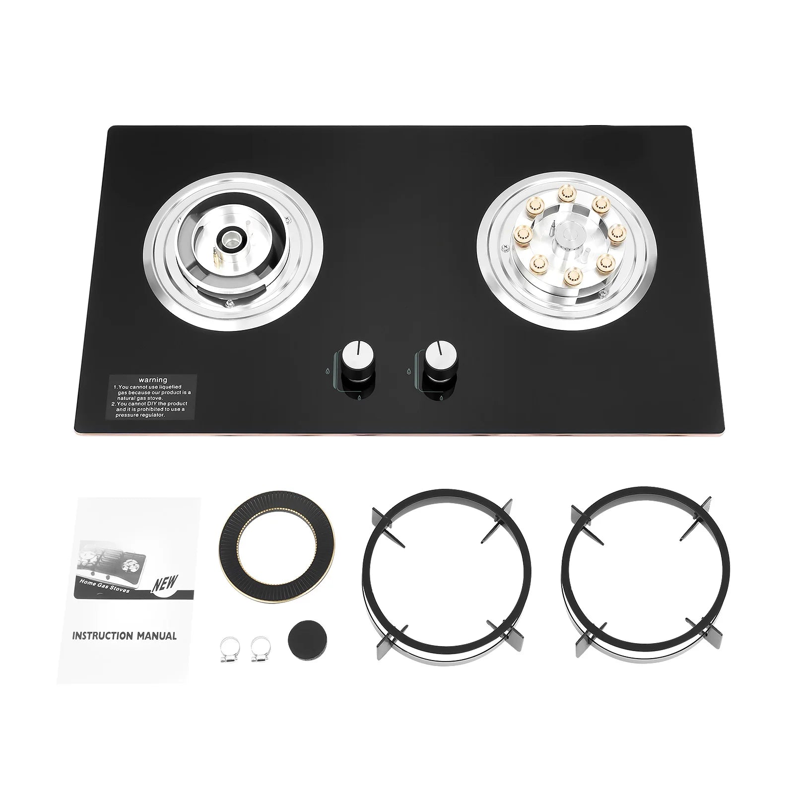 4.2KW+5.2KW Household Double Stove Hob Built in Gas Stove 2 Grade Dual-purpose Burner Natural Gas Tempered Glass Gasfornuis