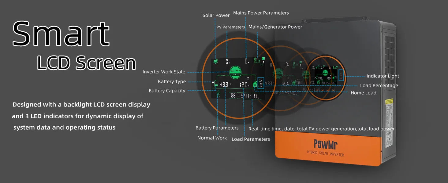PowMr 5KW Split Phase Inverter 48V 110V Off Grid Pure Sine Hybrid Solar Inverter with MPPT 100A Battery Charger Parallel Up to 6