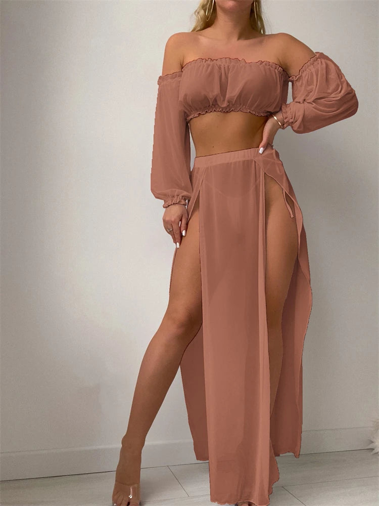 Swimwear Women 2026 New Solid Long Sleeves Ruffle Bandeau Swimsuit Long Skirt Mesh Smock 2 Piece Beach Wear Bathing Suit Female