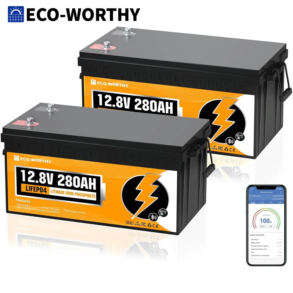 ECO-WORTHY 2Pack 12V 280Ah LiFePO4 RV Battery w/Bluetooth & Low Temp Cutoff - Built-in 200A BMS - Deep Cycle for Camper, Traile