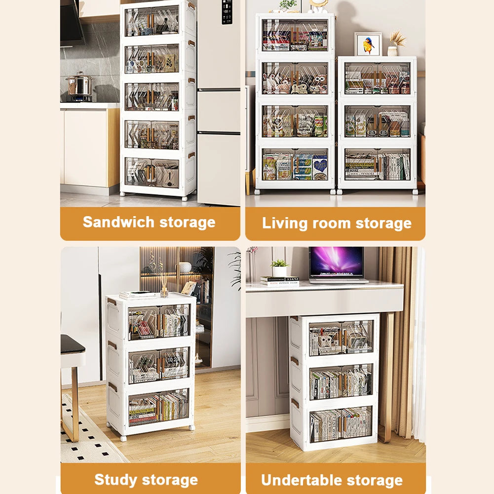 4 Tier Folding Storage Boxes with Doors & Wheels Plastic Storage Containers Foldable Organization for Living Room Bedroom Office