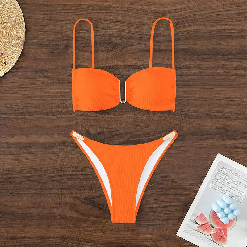 Sexy U Neck Bikini Set Women Solid White Black Push Up Pleate Micro Swimsuit 2024 Brazilian Cut Out Bathing Suit Thong Swimwear