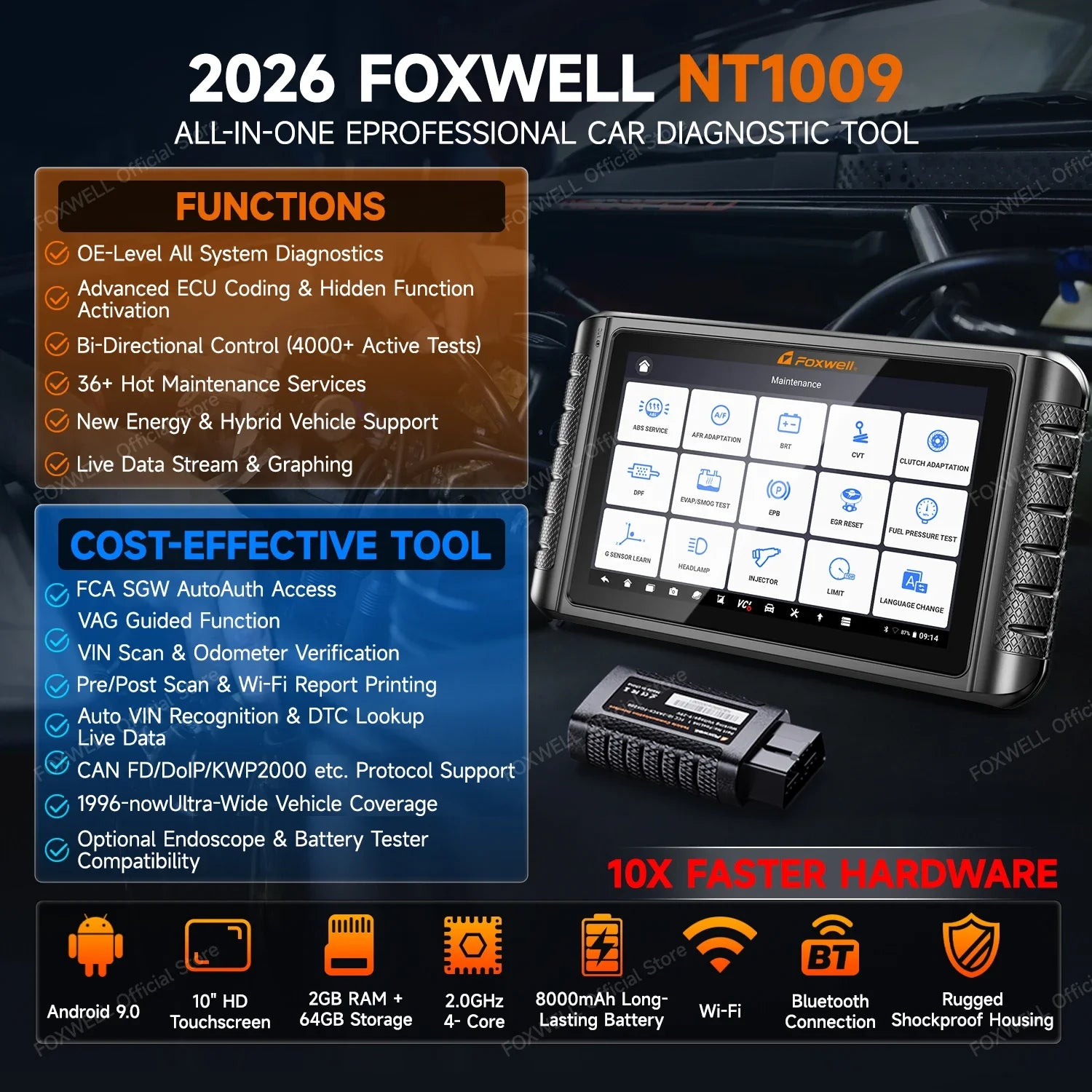 FOXWELL NT1009 OBD2 Car Scanner All System ECU Coding Bidirectional CANFD DOIP Topology Mapping 36+ Reset Auto Diagnosis Tools