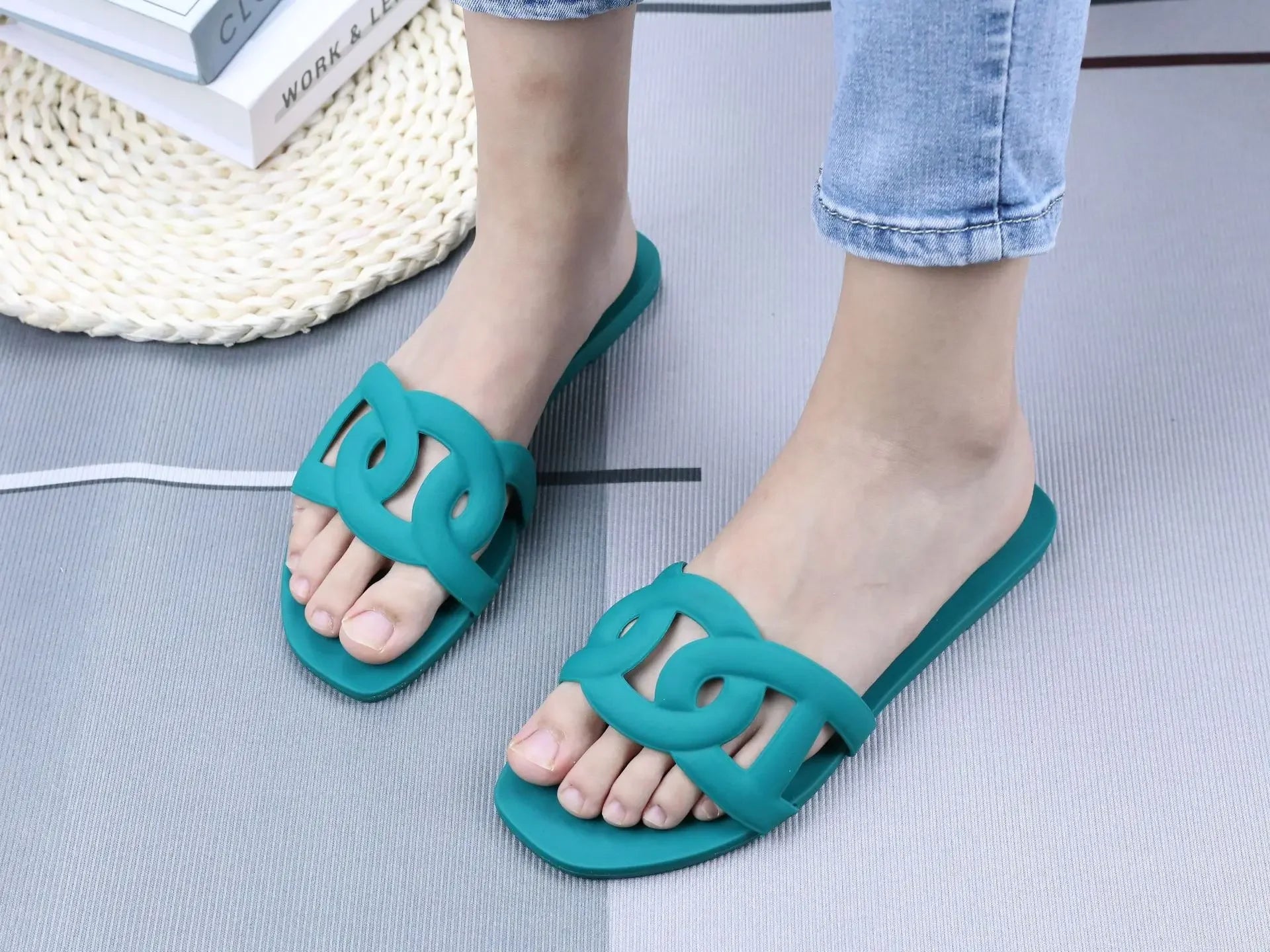 Summer women's one-word sandals daily leisure shopping beach wear flat shoes versatile solid color hollow